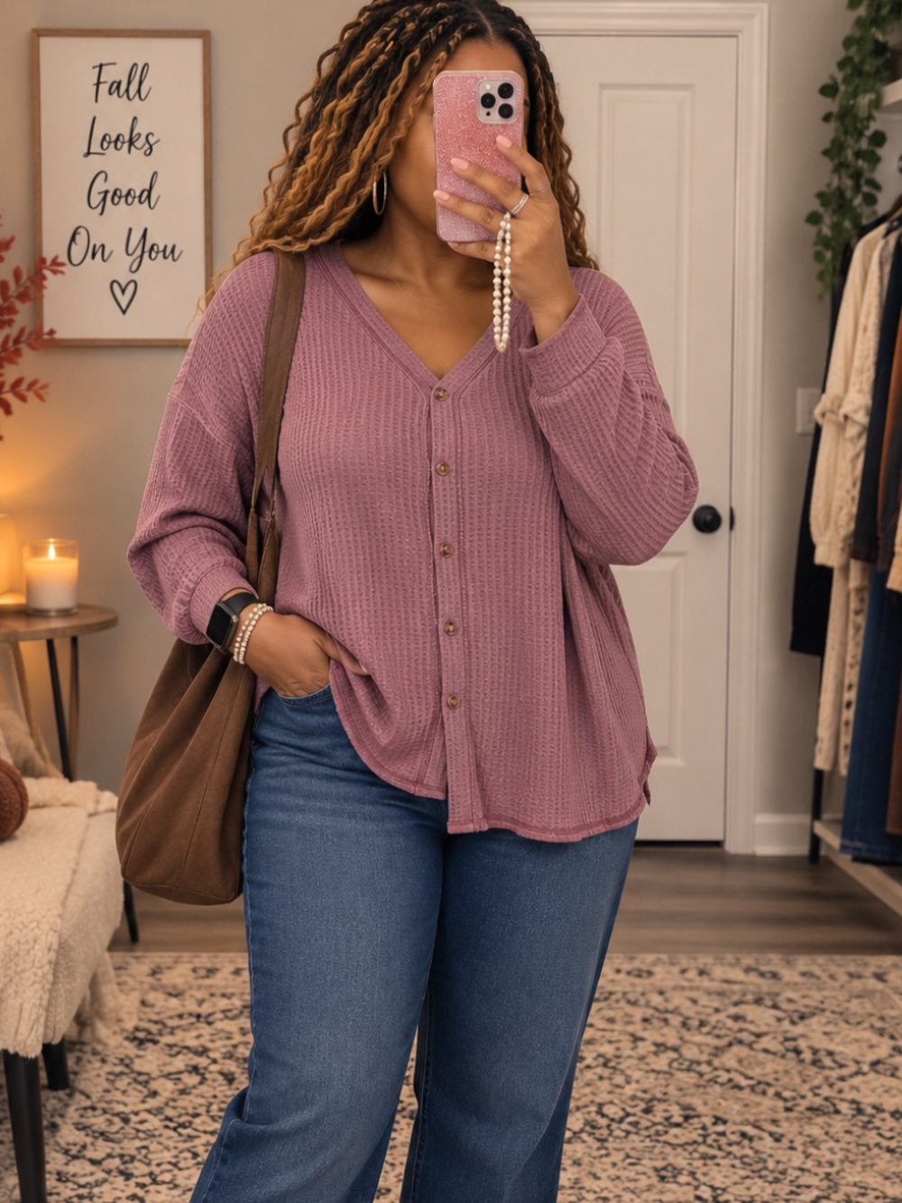 Cute Fall Top Women's Dusty Rose Waffle-Knit Button Front Top